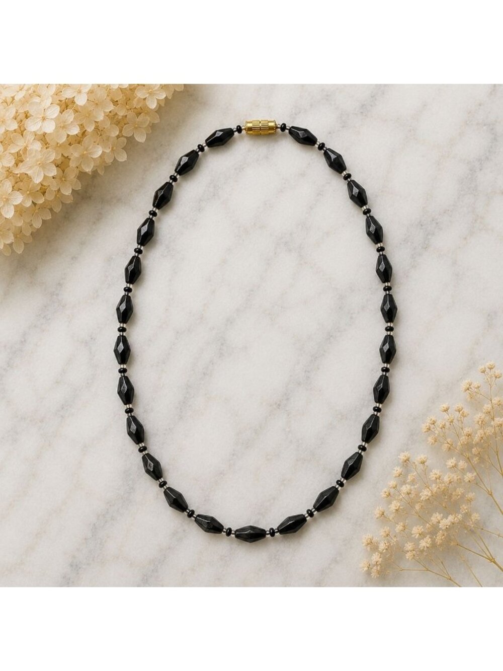 Vintage 1960s Black Glass Bead Necklace Made in India New Old Stock Never‎ Worn